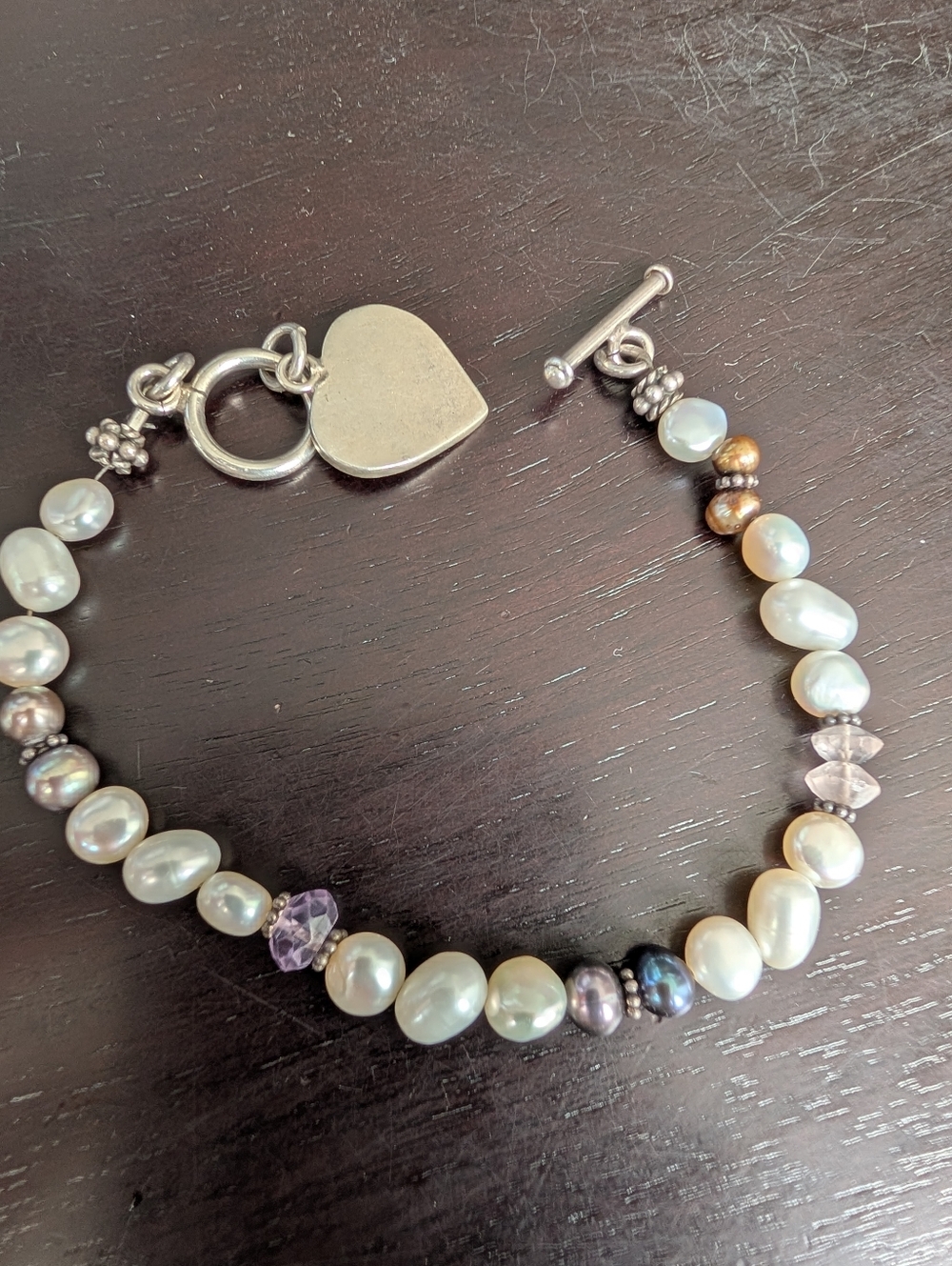 Genuine Pearl and Mixed Bead Toggle Bracelet - Heart Charm